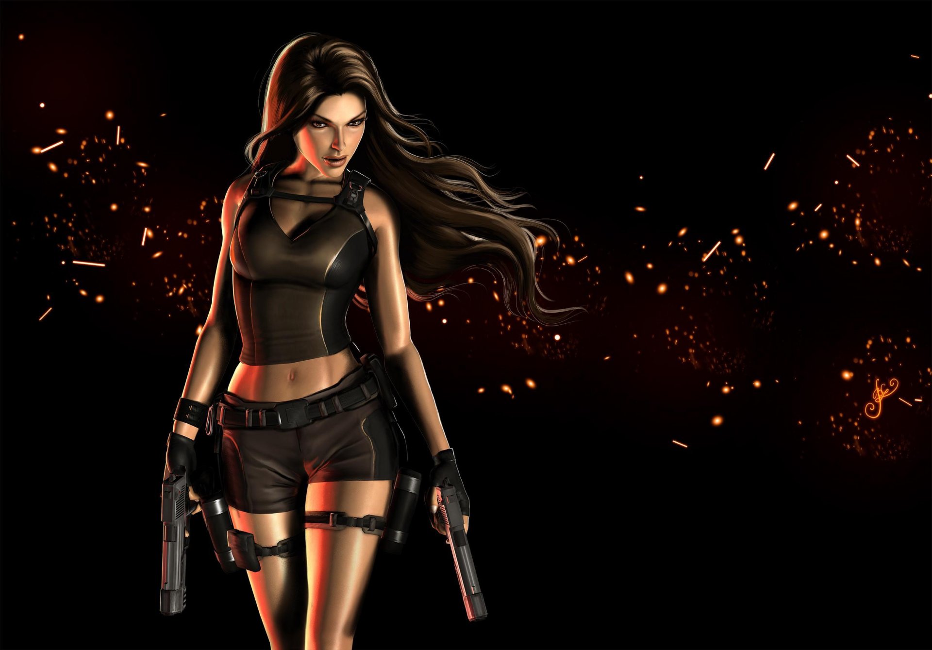 tomb raider lara croft fondo negro chica cabello mirada armas pistolas arte