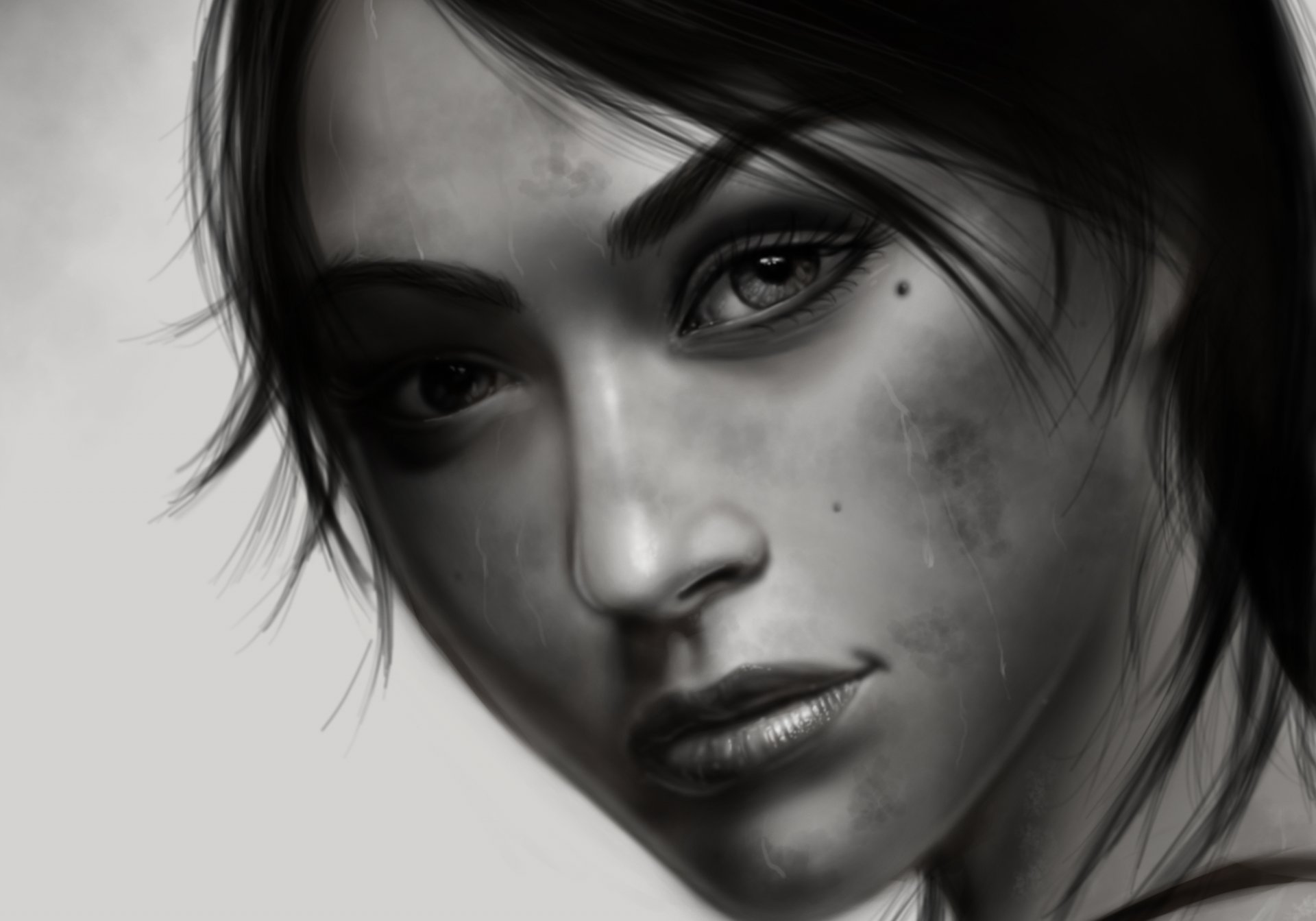 tomb raider lara croft art girl black and white face view eyes hair background