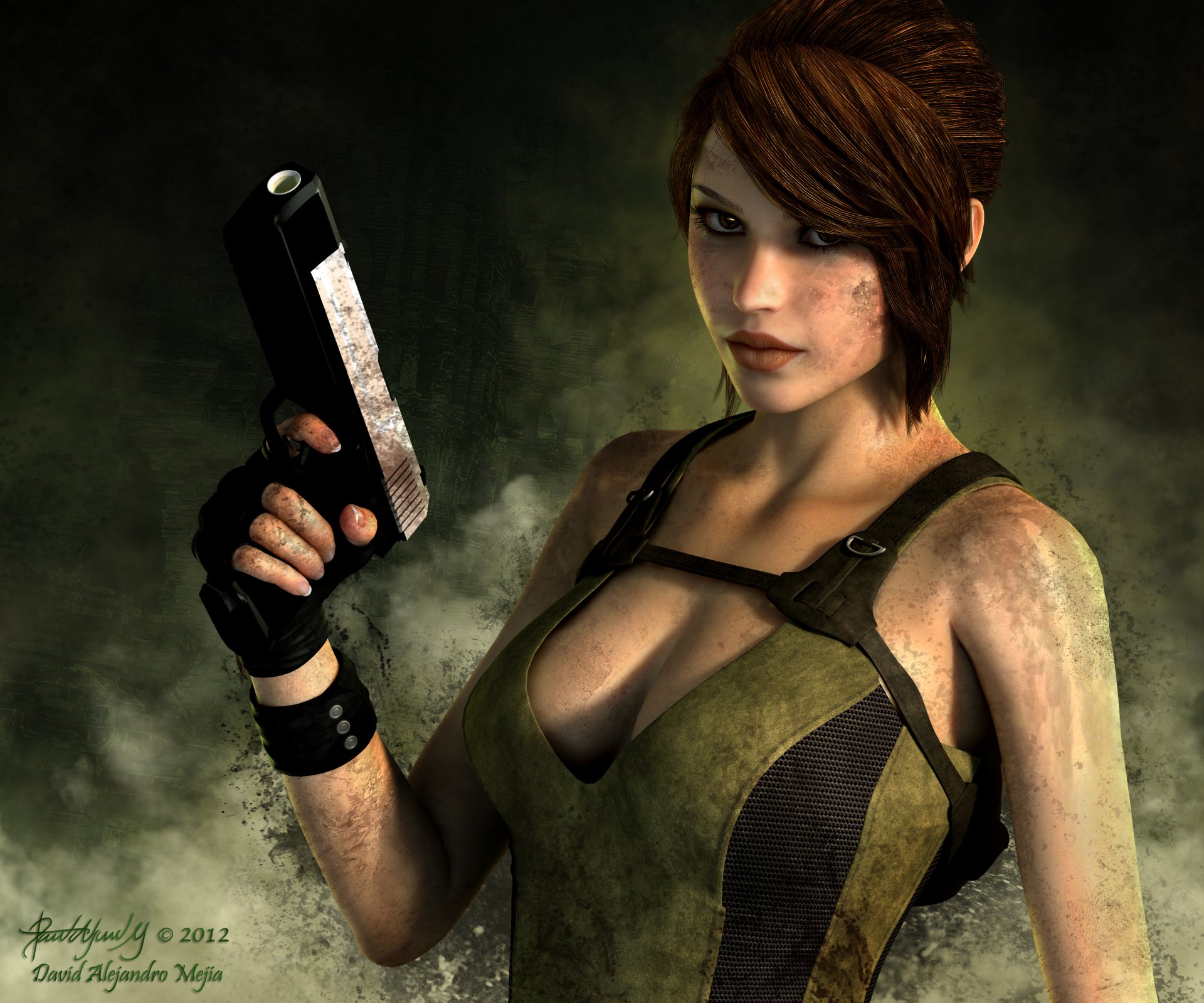 tomb raider lara croft jeu fille visage regard arme pistolet gants noir débardeur cheveux fond fumée