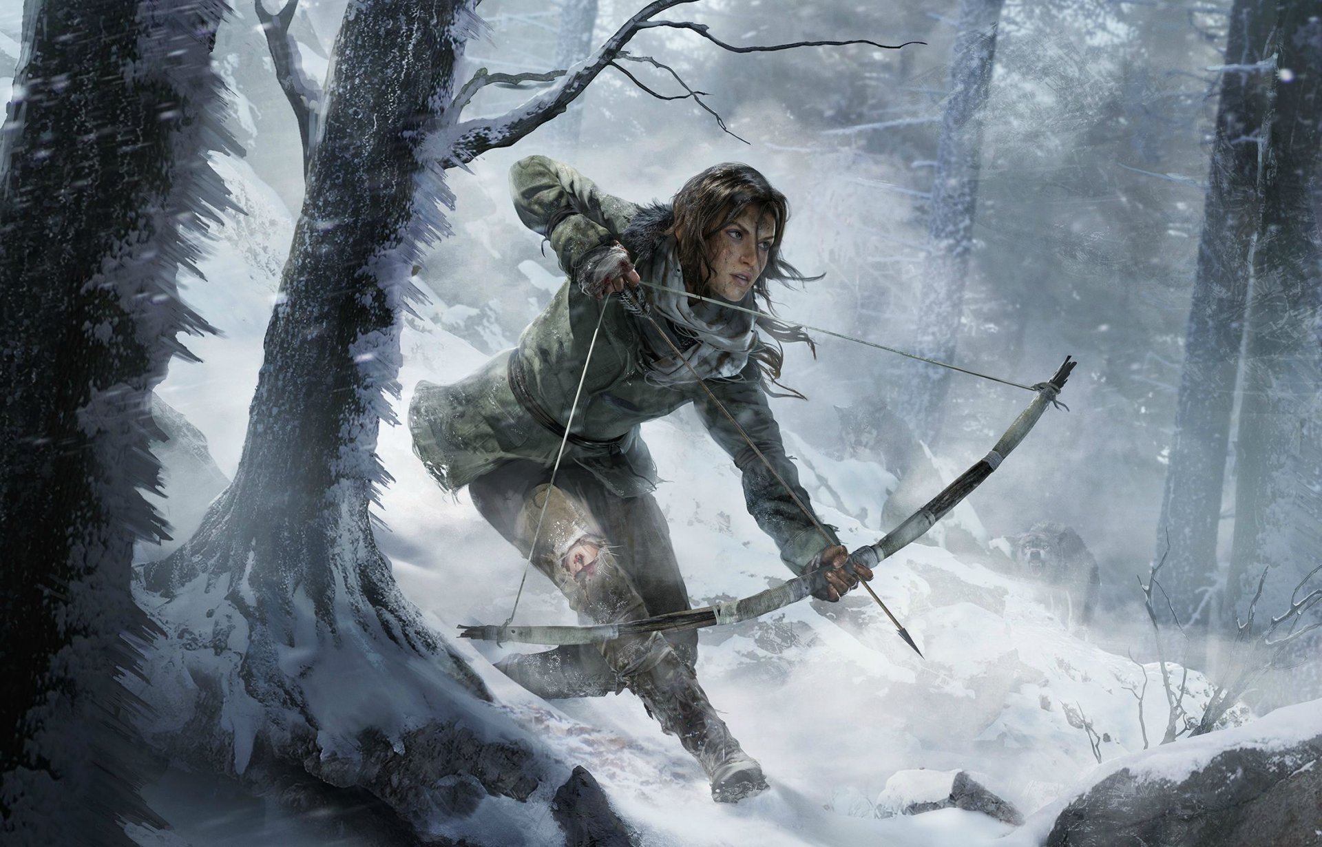 elewacja: tomb raider lara croft sztuka dziewczyna strzała łuk zima śnieg drzewa