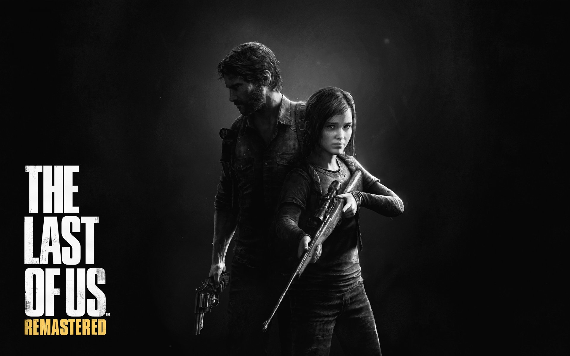 l ultimo di noi uno di noi rimasterizzato uomo difensore joel barba ragazza ellie sguardo arma revolver fucile mirino torcia elettrica zaino oscurità logo logo ps4 naughty dog sony computer entertainment