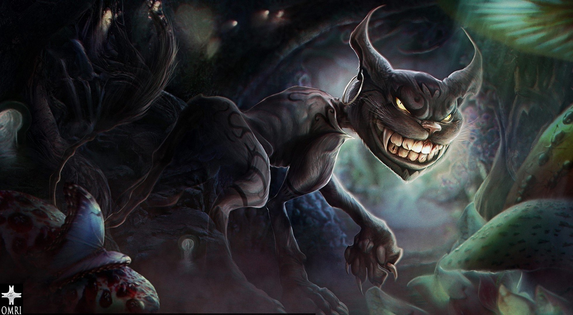 kunst alice madness returns cheshire cat monster eckzähne grinsen ohrring schmetterling pilze