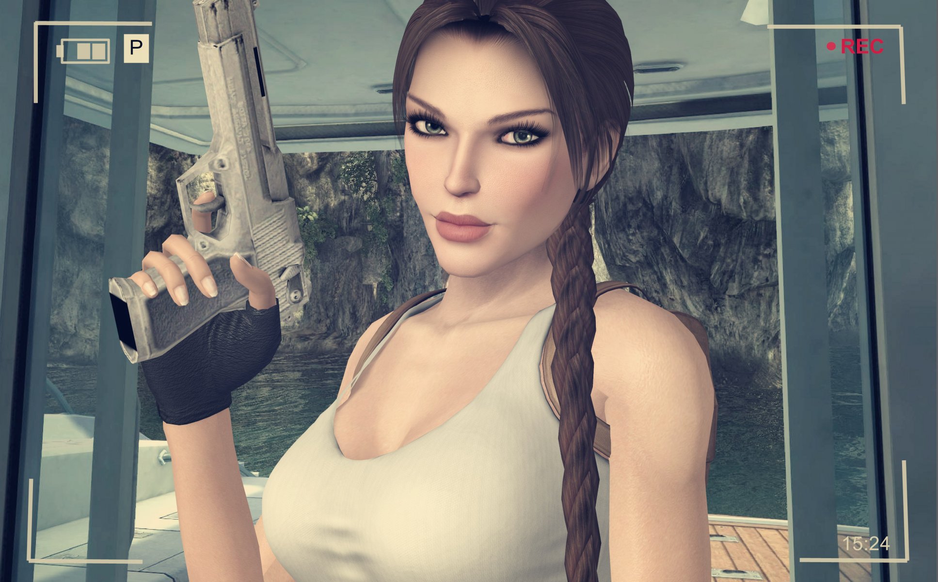 lara croft tomb raider gesicht wimpern blick waffe pistole kamera