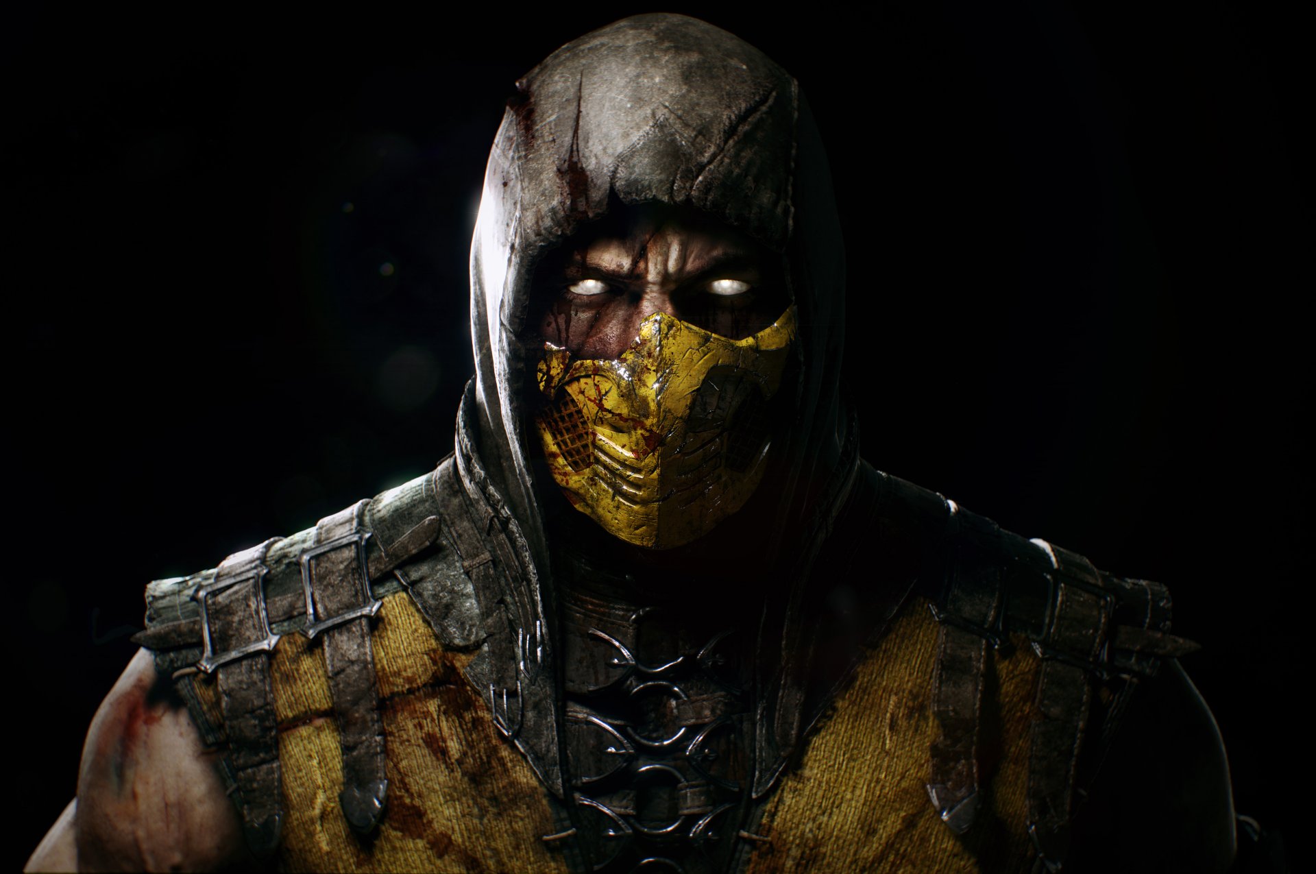 mortal kombat x scorpion fighter ninja mask scars damage rupture blood hood look netherrealm studios warner bros. interactive entertainment