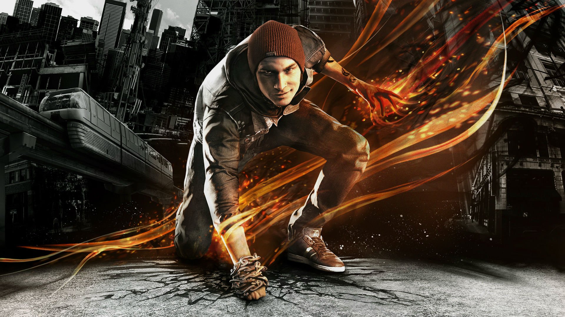 bad reputation : second son bad reputation: second son guy delsin row delsin row fire smoke smirk sneakers chain city cracks asphalt wagon houses tattoo hat dakine sucker punch sony computer entertainment ps4