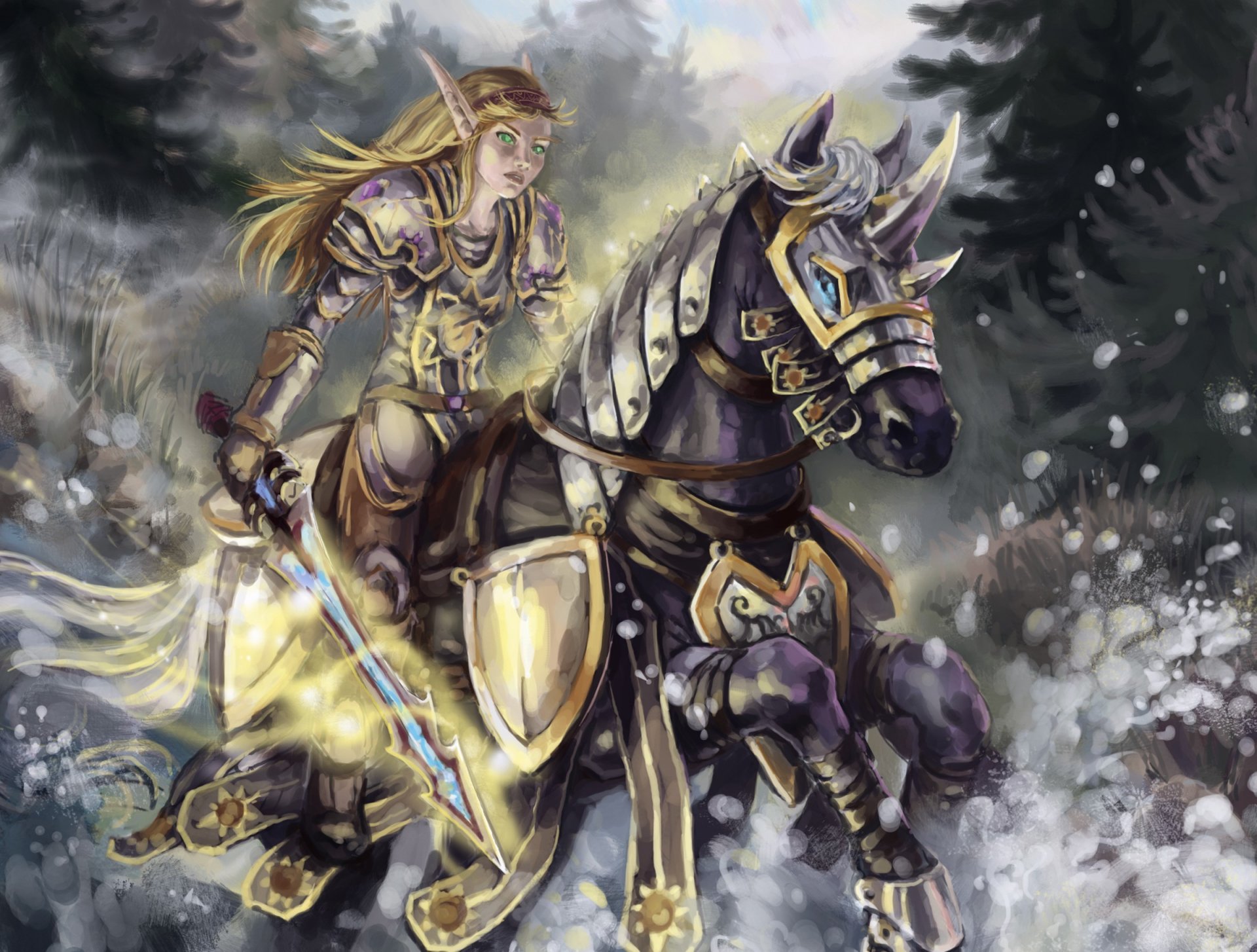 art wow world of warcraft blood elf elf horse running forest sword