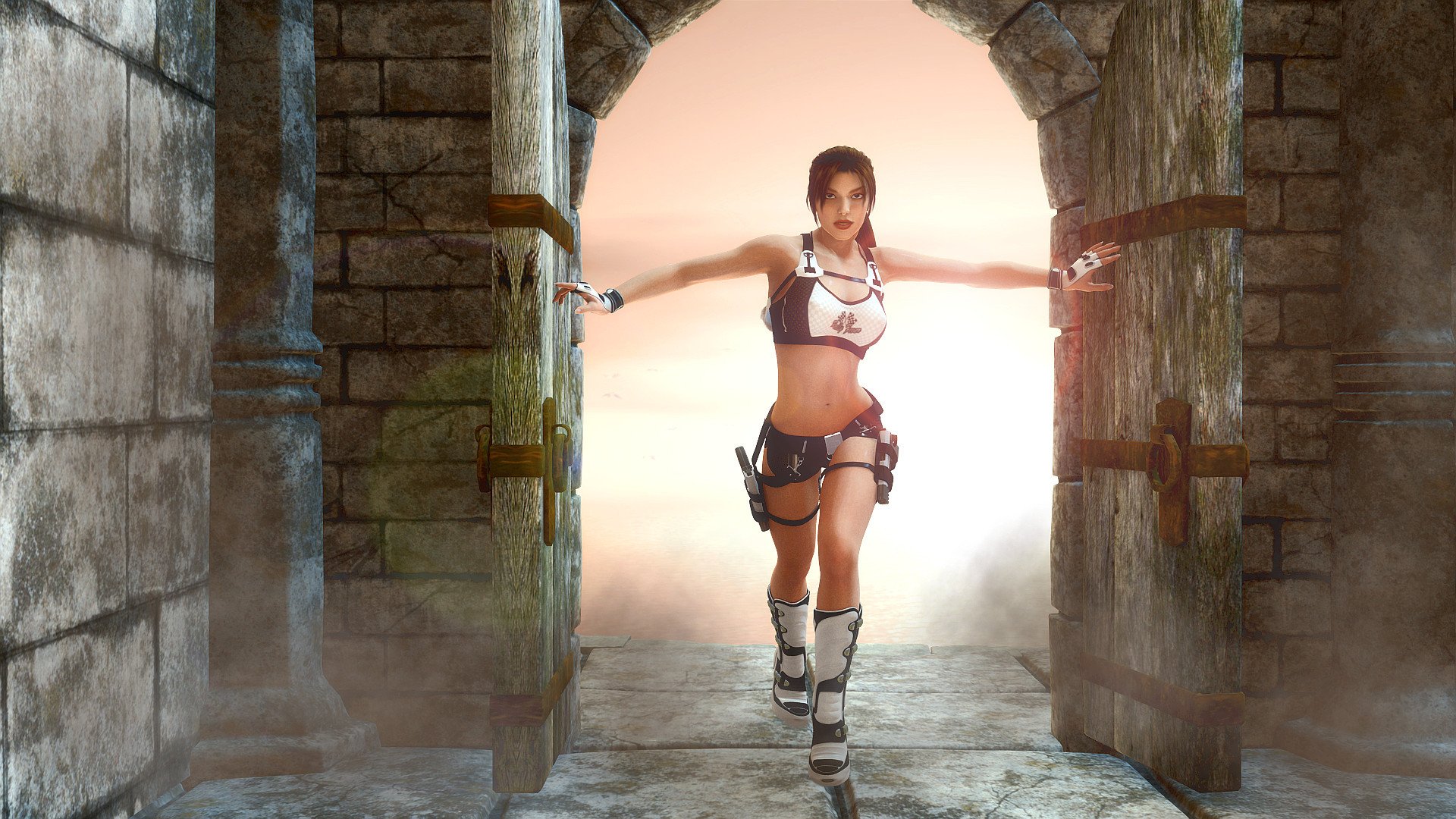 tomb raider lara croft mädchen spiel tür eingang waffe pistolen blick shorts