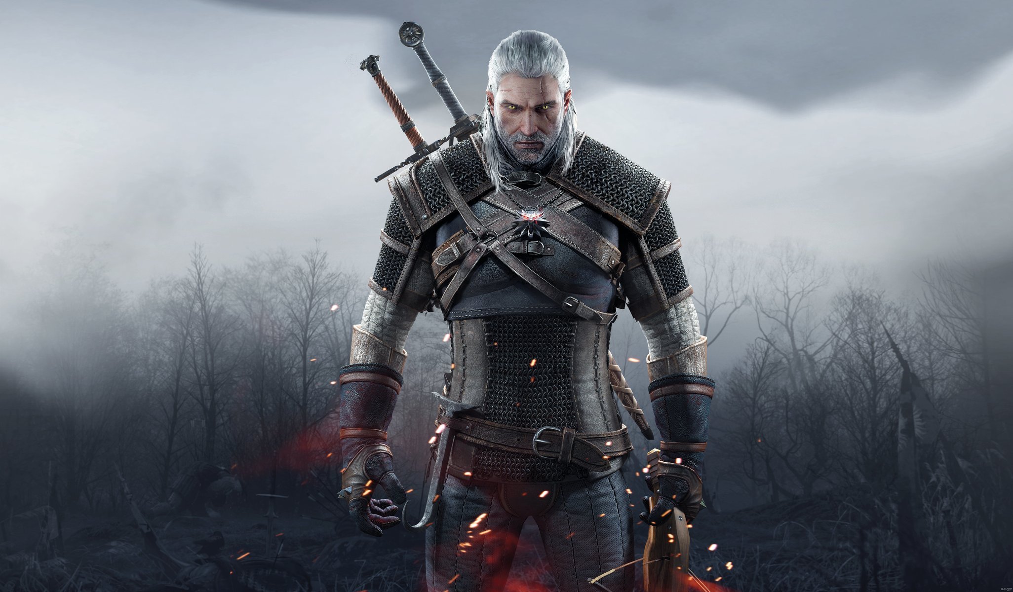 wiedźmin 3: dziki gon wiedźmin 3: dziki gon cd projekt red geralt wiedźmin andrzej sapkowski broda wojownik zbroja miecz spojrzenie blizna medalion