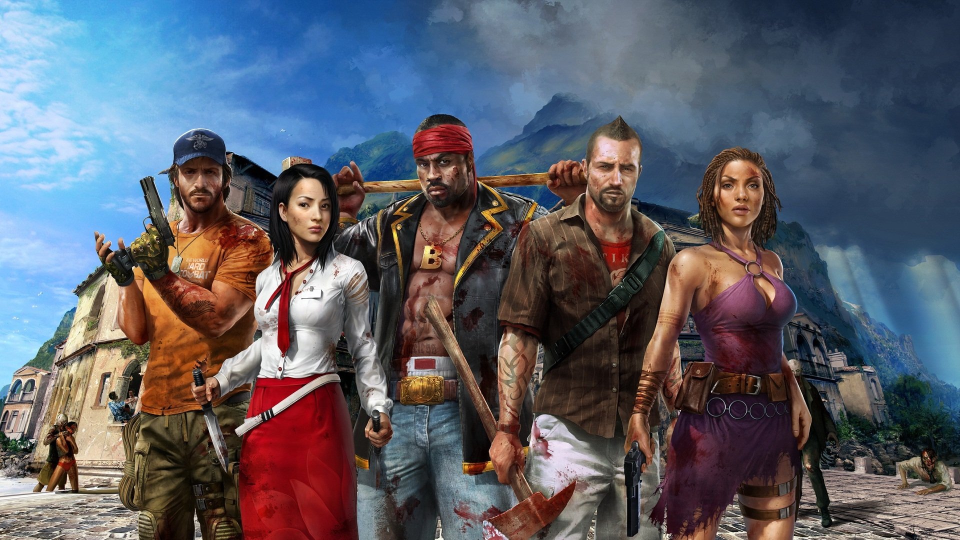 dead island: riptide héroes xian mei xian mei sam b sam bi logan purna parna john morgan sobrevivientes isla palanai armas hacha cuchillo pistolas martillo zombies montañas nubes plata profunda