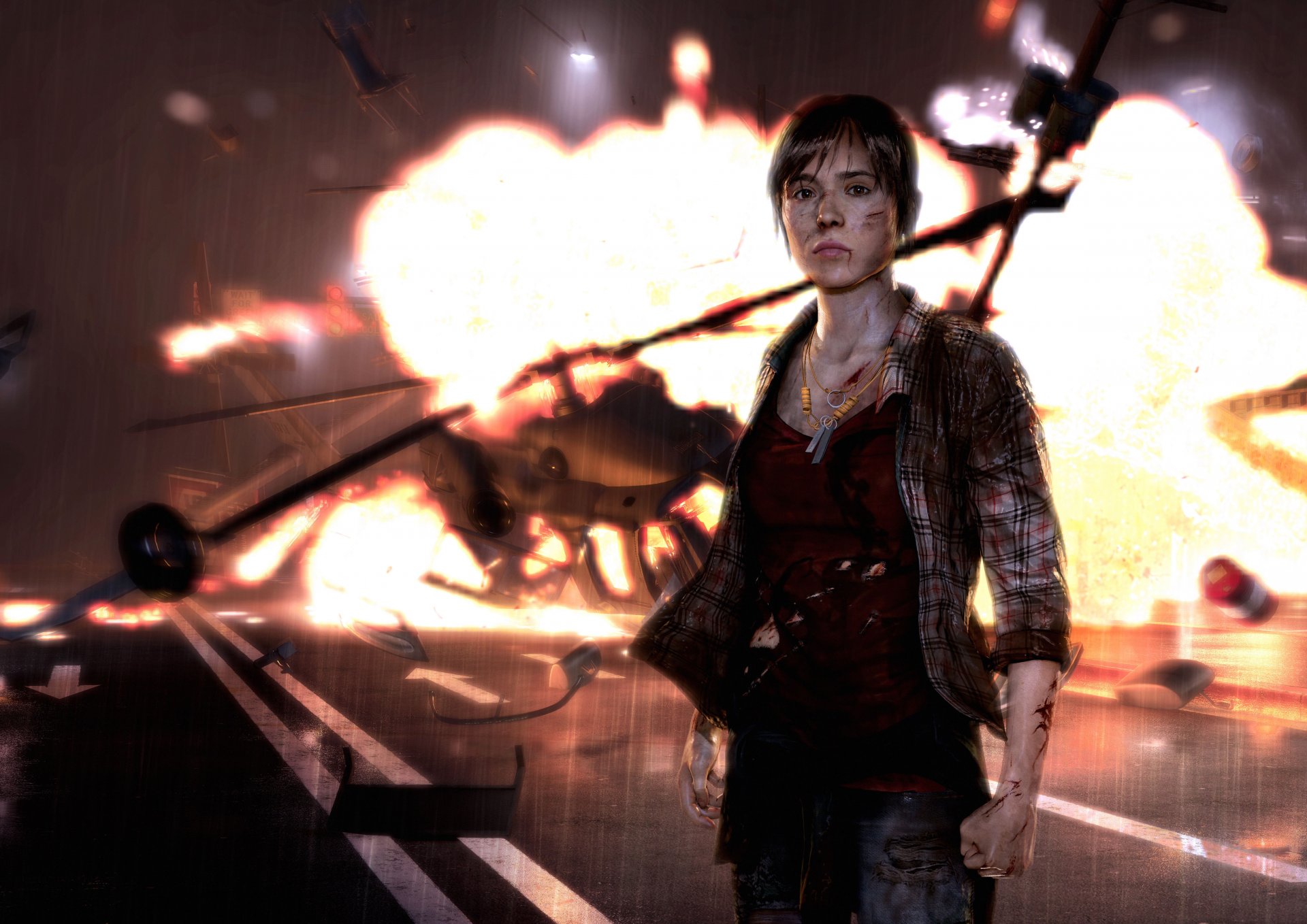 au-delà: deux âmes fille jodie holmes ellen page épave vue cicatrices hélicoptère accident feu collier explosion route ps3 sony computer entertainment quantic dream