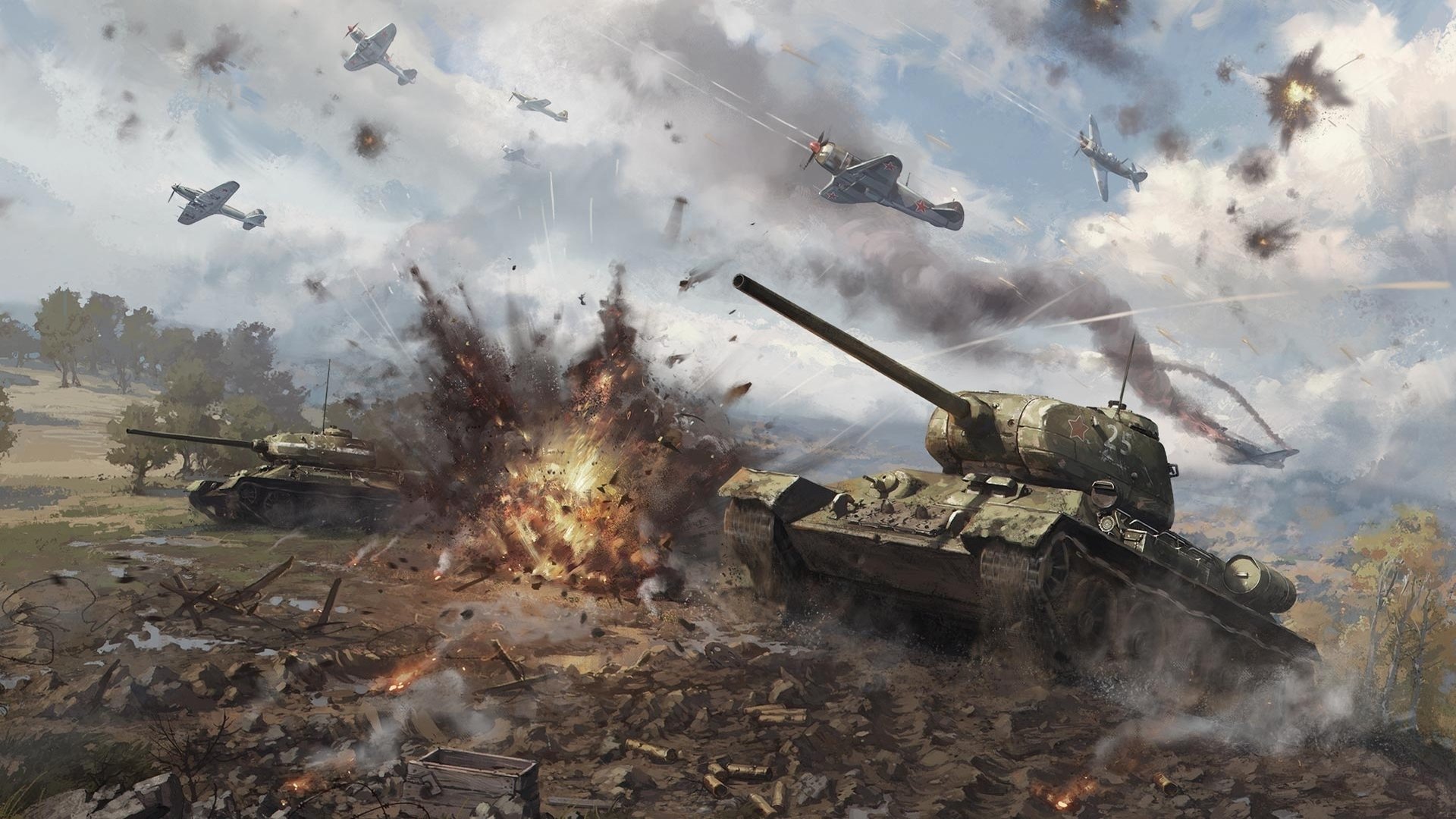 war thunder gaijin entertainment the situation aviation sky clouds fighter tanks t-34-85 soviet union medium tank art shot flame fire smoke explosion tree trunk iron spark