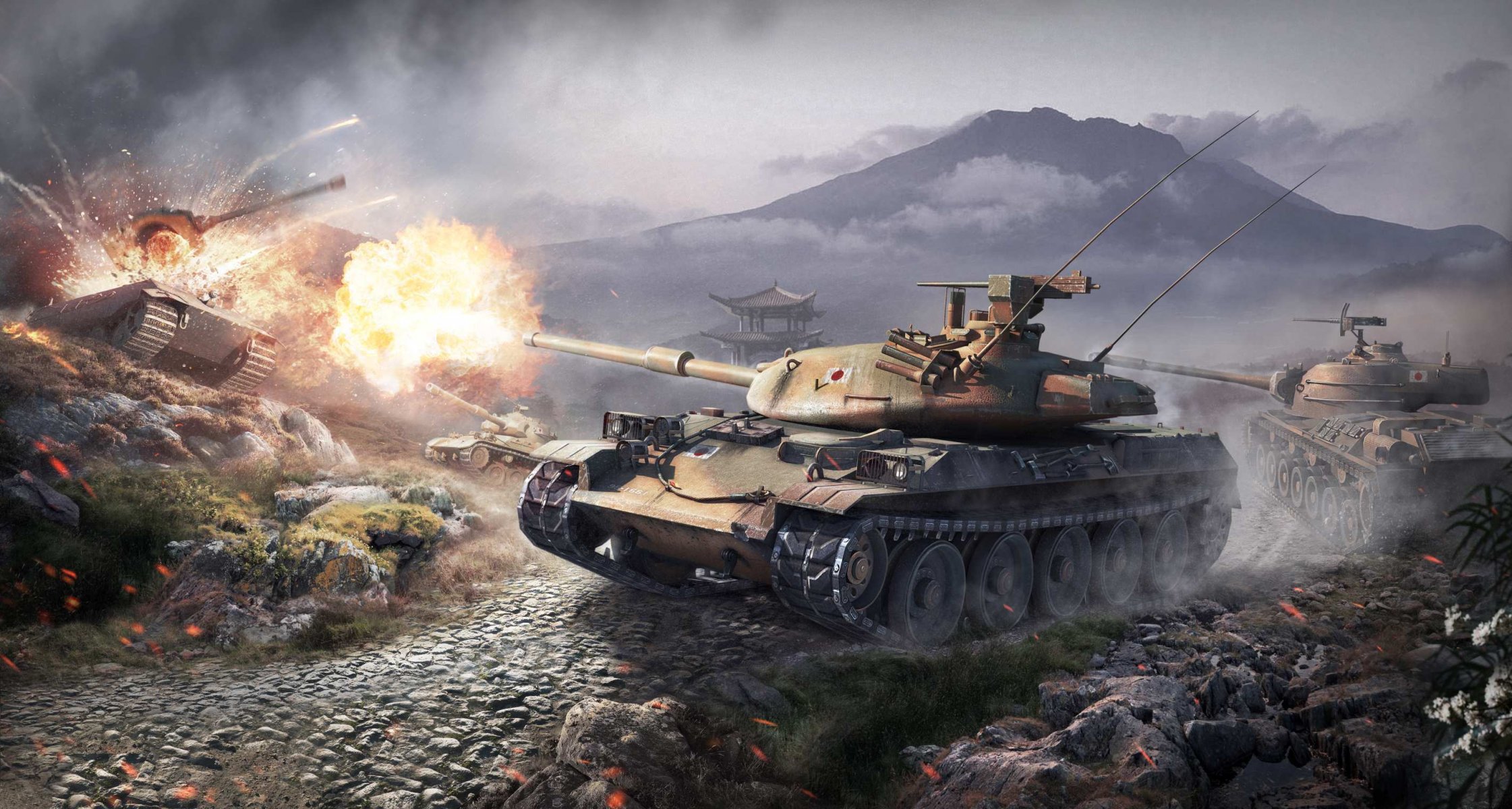 world of tanks wargaming wot japonia stb-1 enter 61 sta-1 czołgi średnie e 75 czołg ciężki niemcy wp góry strzał płomień ogień chmury dym kamuflaż