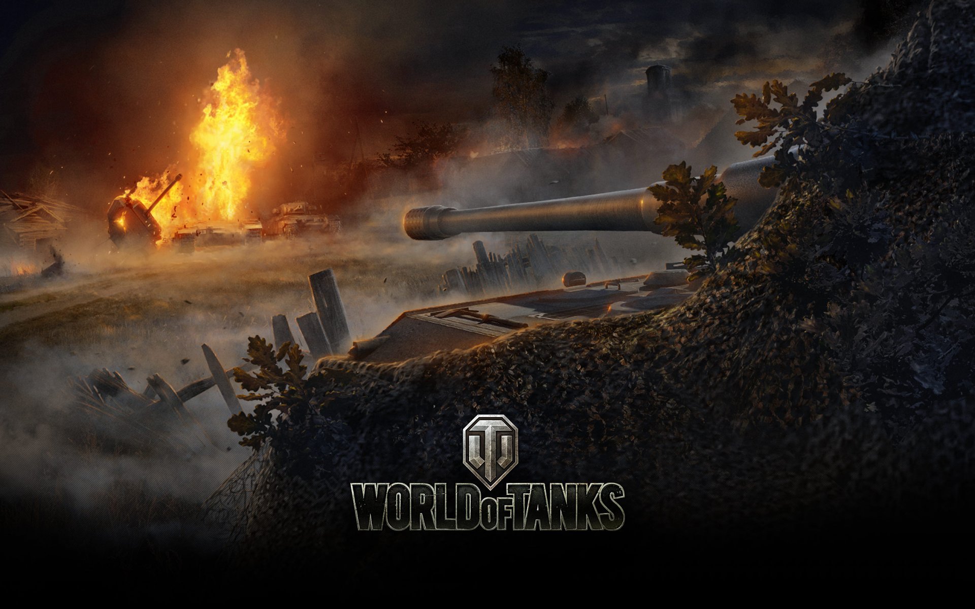 wargaming net world of tanks wot jagdpanzer e 100 anti-acs fr germany german thu sau german tank tree fog fire trunk iron clouds bush fence house flame camo net camouflage sky dust smoke wg