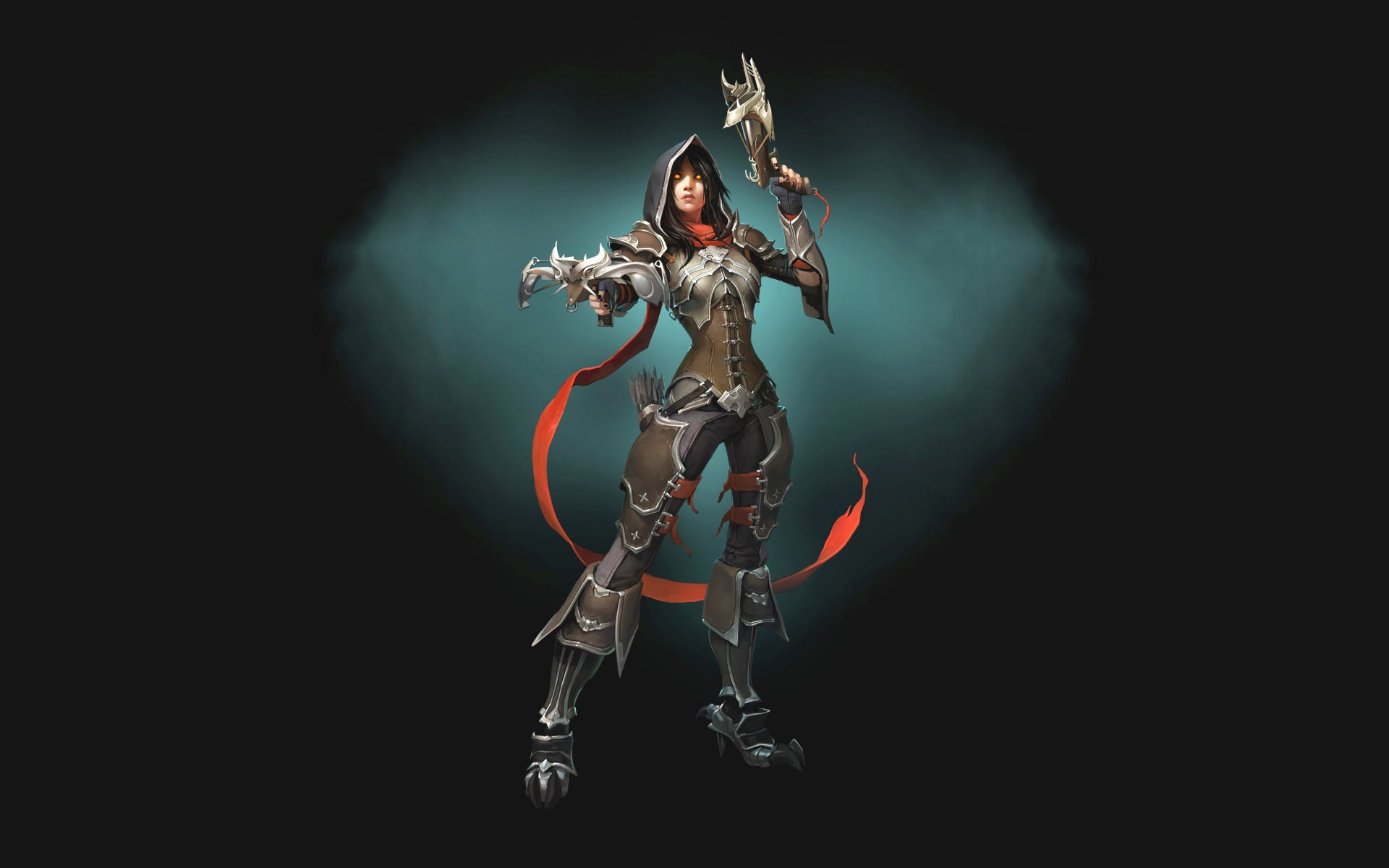 diablo demon hunter girl armour crossbows simple background