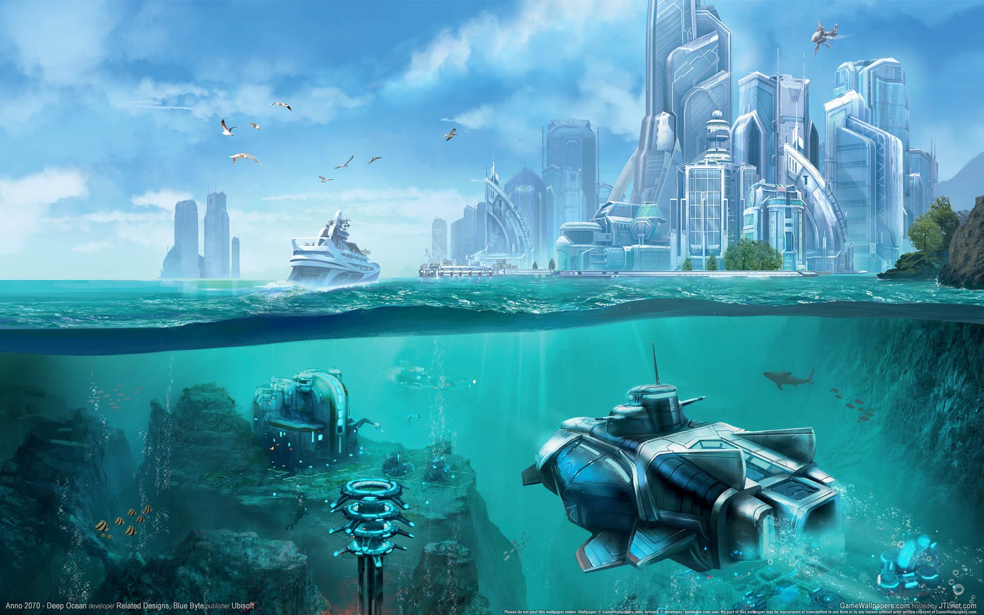 anno 2070-deep ocean anno sfondi di gioco futuro città futuristica futuro oceano mondo sottomarino stazione apparato jet barriera corallina nave città futurismo cielo gabbiani