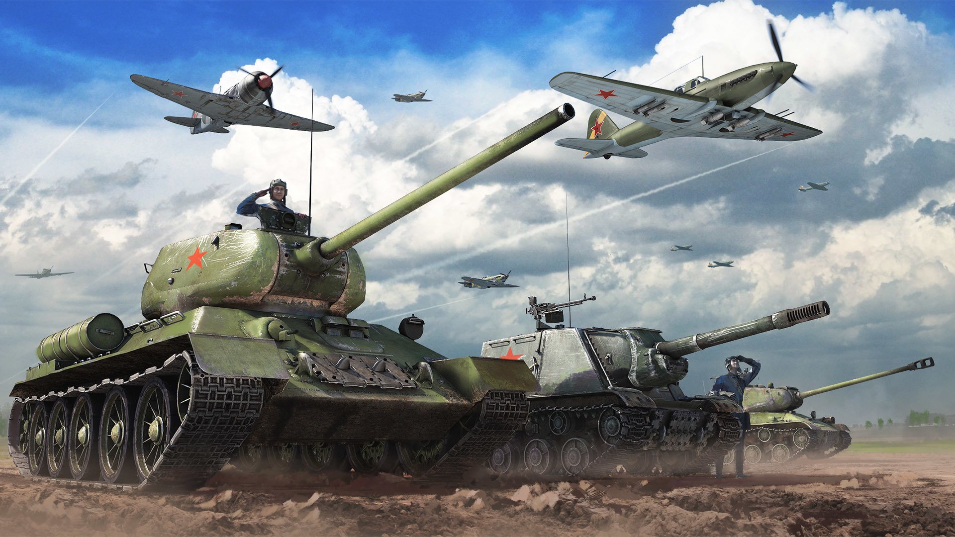 war thunder gaijin entertainment sytuacja lotnictwo niebo chmury zsrr myśliwiec czołgi pt-sau t-34-85 czołg średni is czołg ciężki samoloty przeciwpancerne pt isu-152 lufa żelazo ziemia zapał czołgiści