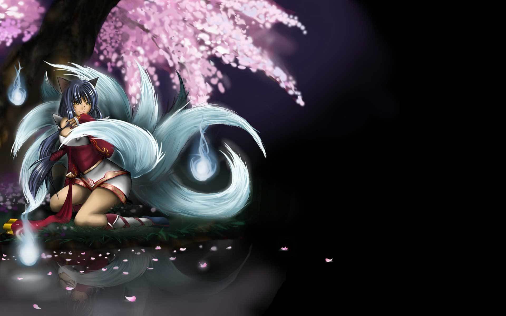 art ahri ligue des légendes fille lac queues sakura arbre