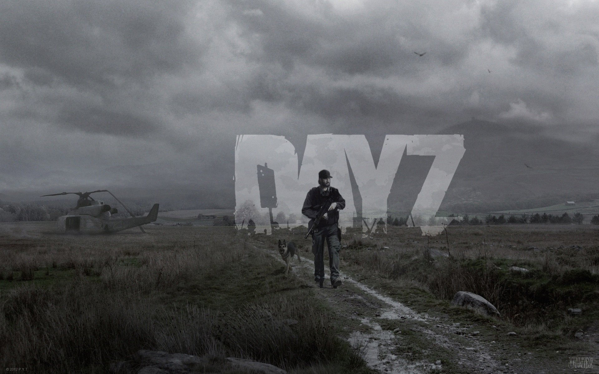 dayz giorno g standalone zombie cane elicottero incidente heli uomo cielo strada grigio campo