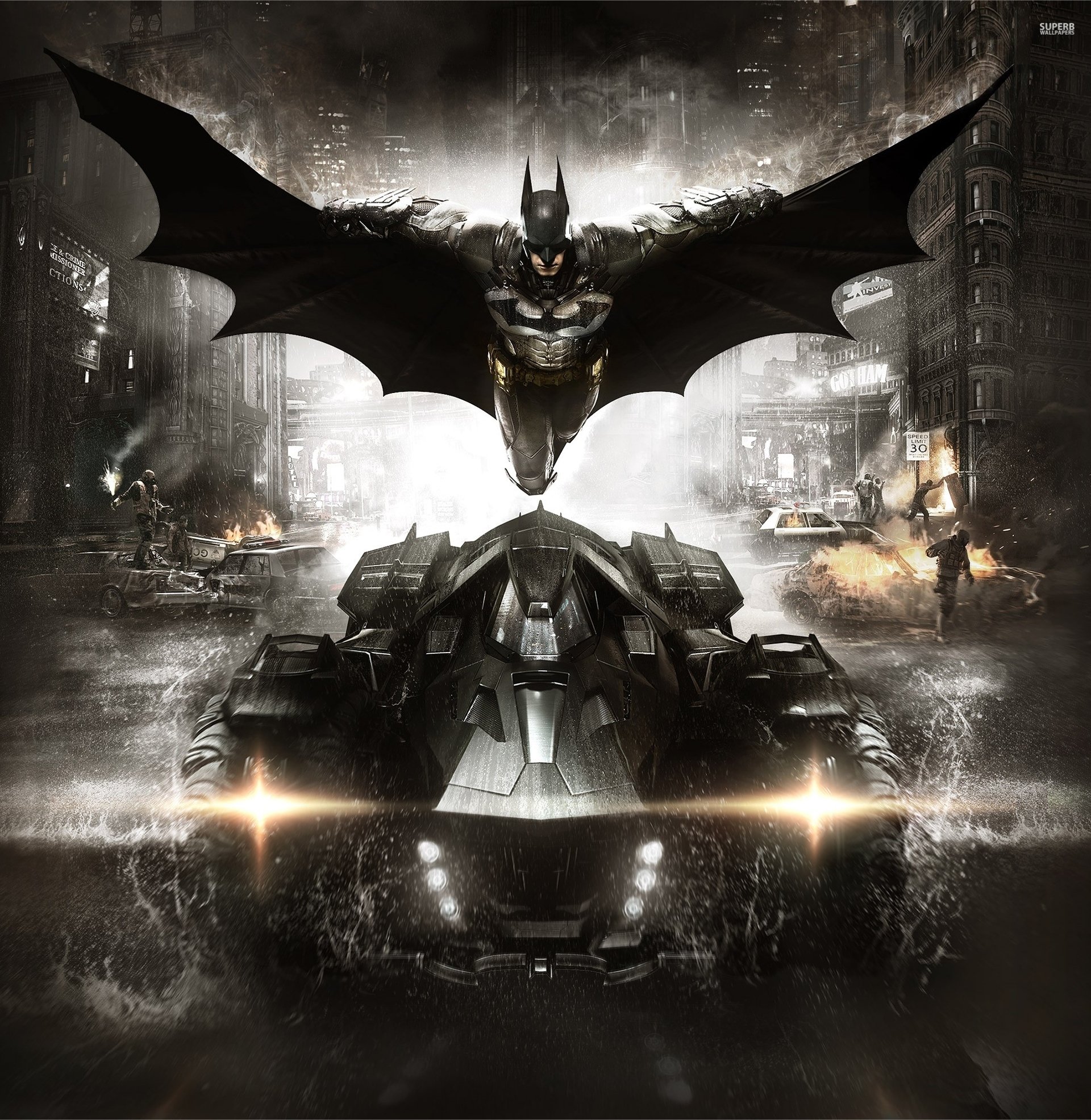 batman: arkham knight batman: the knight of arkham bruce wayne defender fighter coat armour industrial complex batmobile steel town smoke machinery house rocksteady studios warner bros. interactive entertainment