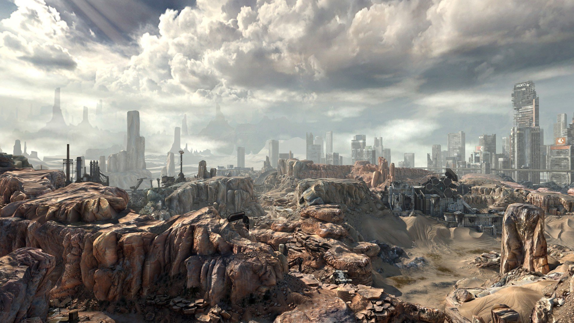 fiction apocalypse panorama sky clouds desert rock ruins dump rage