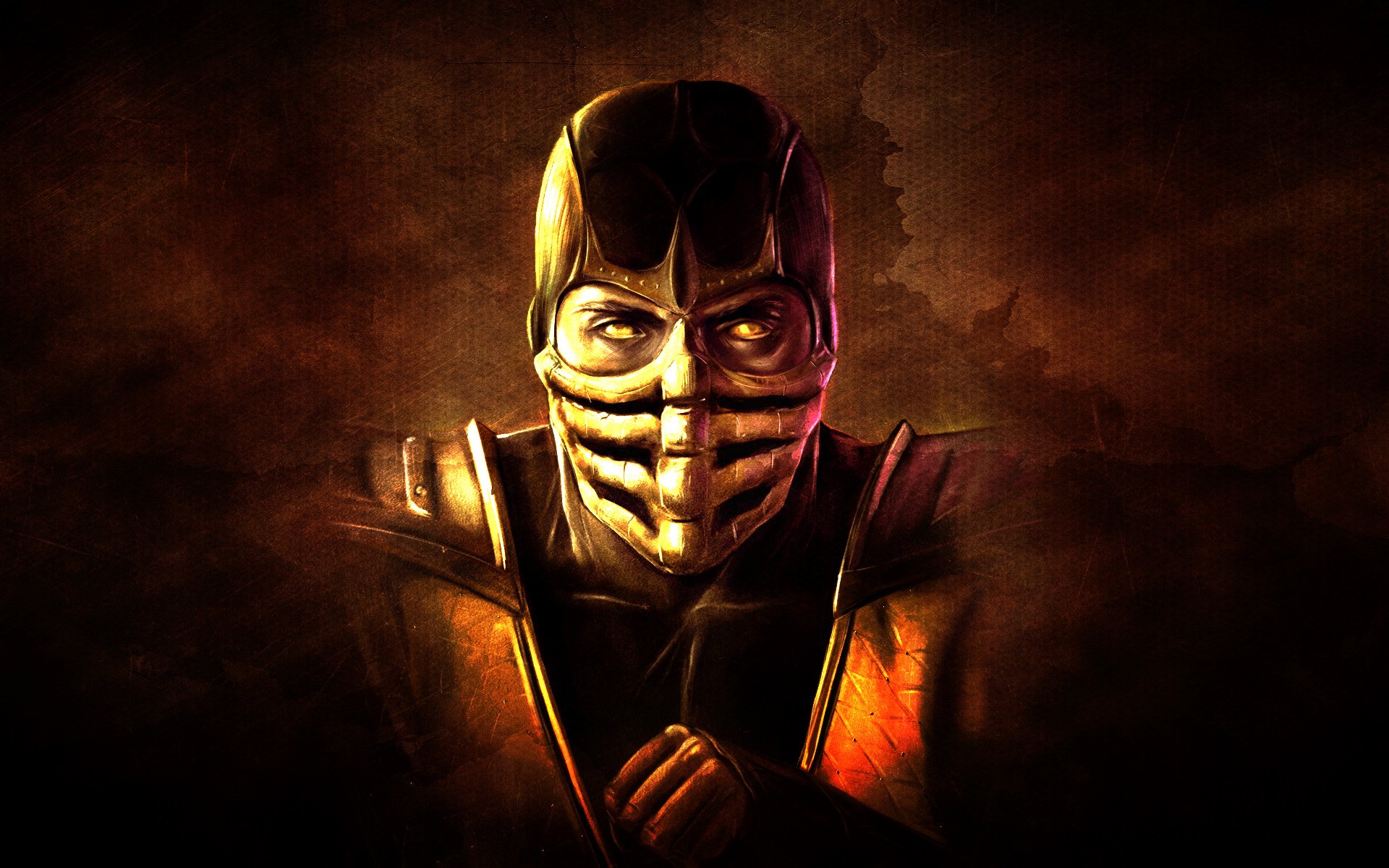 mortal kombat ninja scorpione sfondo scuro maschera mano