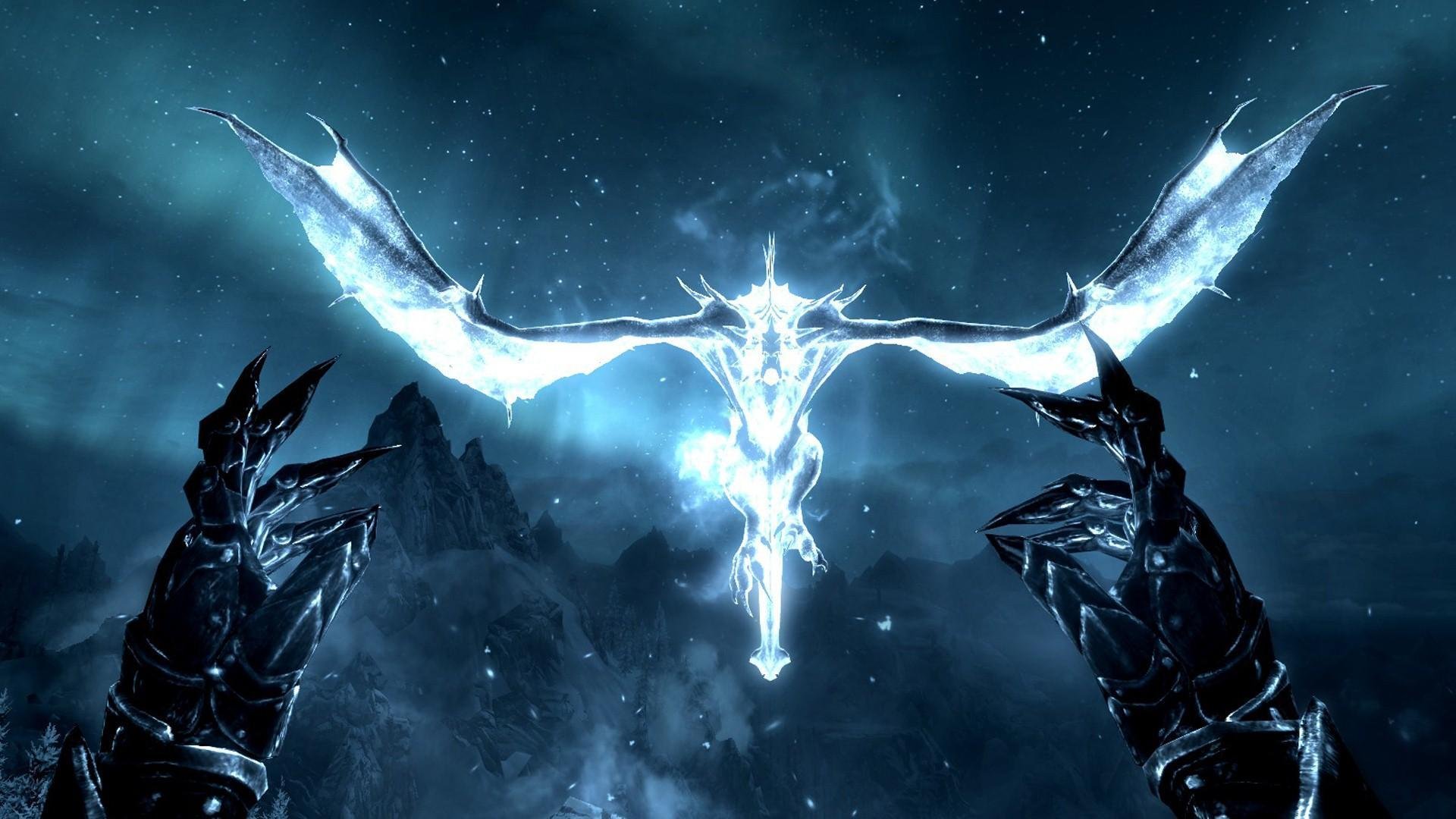 the elder scrolls v: skyrim gioco notte stelle drago volo guanti artigli