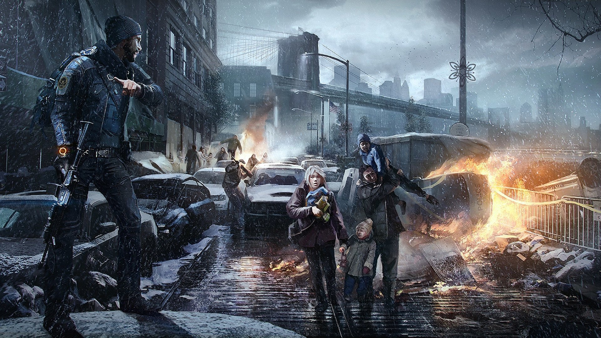 tom clancy s the division ubisoft entertainment art the situation town bridge machinery buildings wire sky window fence post weapon clouds survivors snow fire flame people