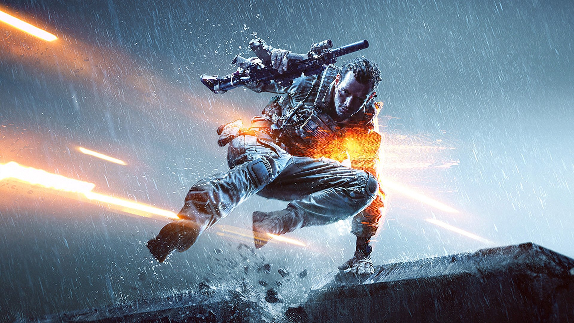 battlefield 4 bf 4 soldat arme pistolet mitraillette pluie équipement gilet pare-balles gants saut lumières ea digital illusions ce electronic arts dice