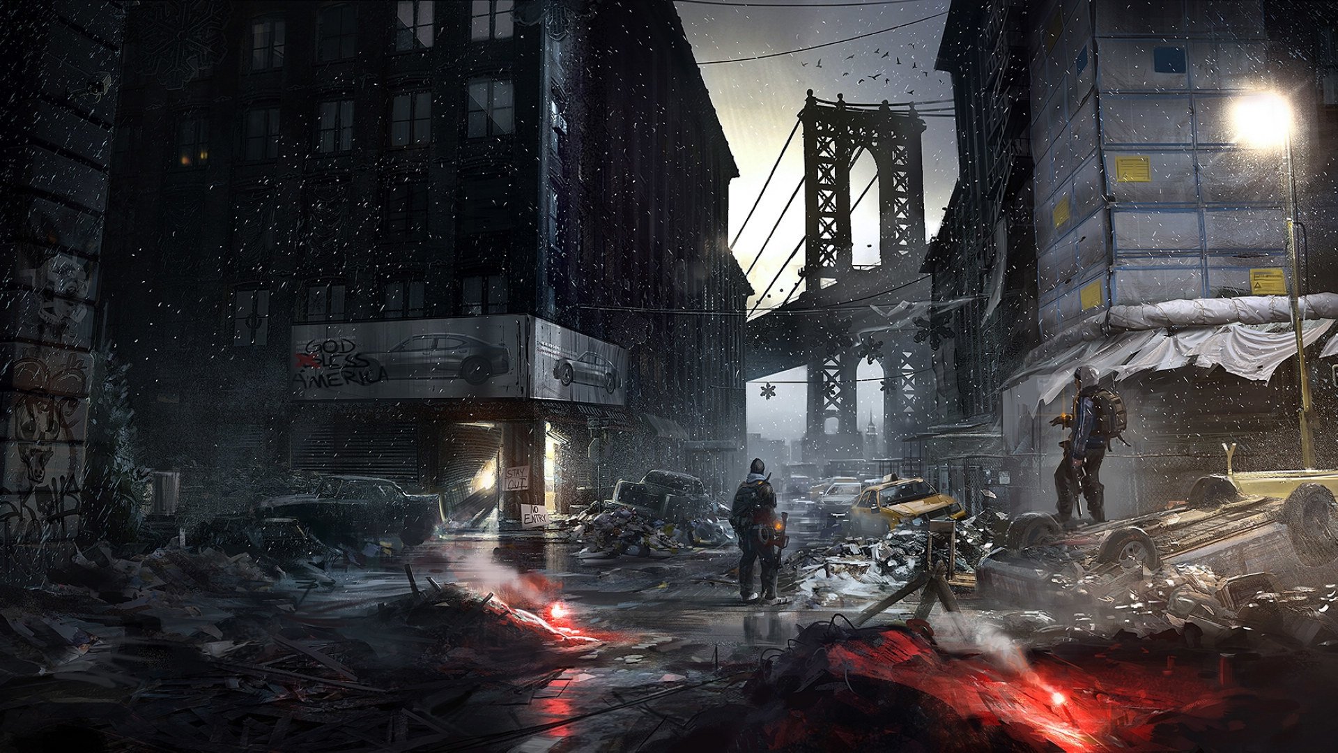 tom clancy s the division ubisoft entertainment art the situation town bridge machinery buildings lights a sign torch wire sky window graffiti spotlight fence post inscription weapon clouds birds survivors snow