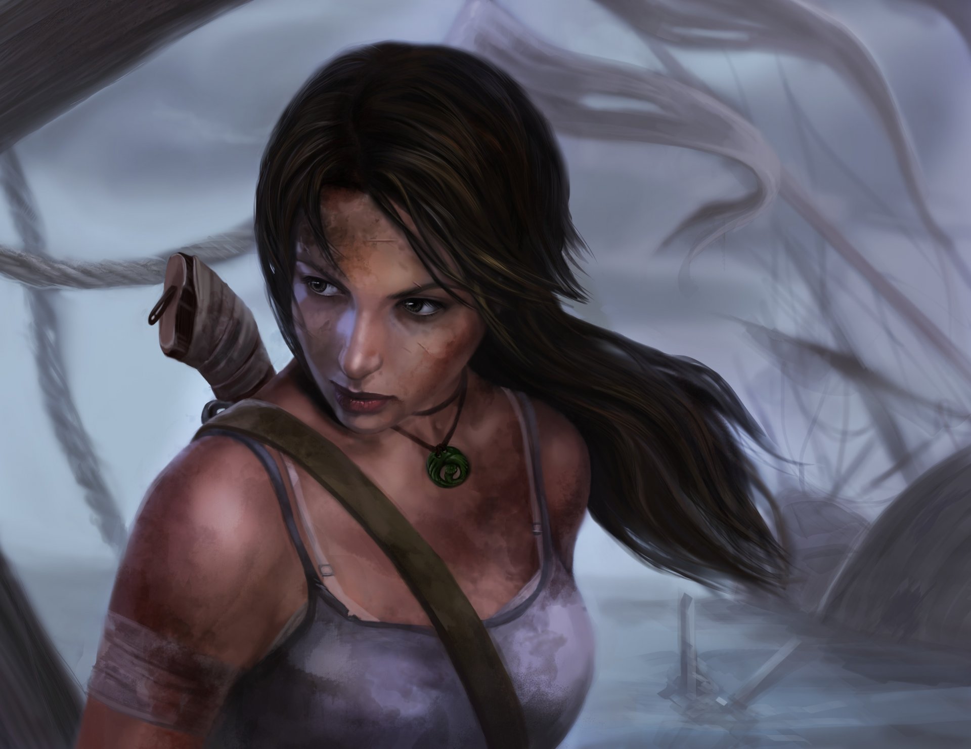 lara croft tomb raider arte cara barro pelo cola de caballo cuchillo mirada