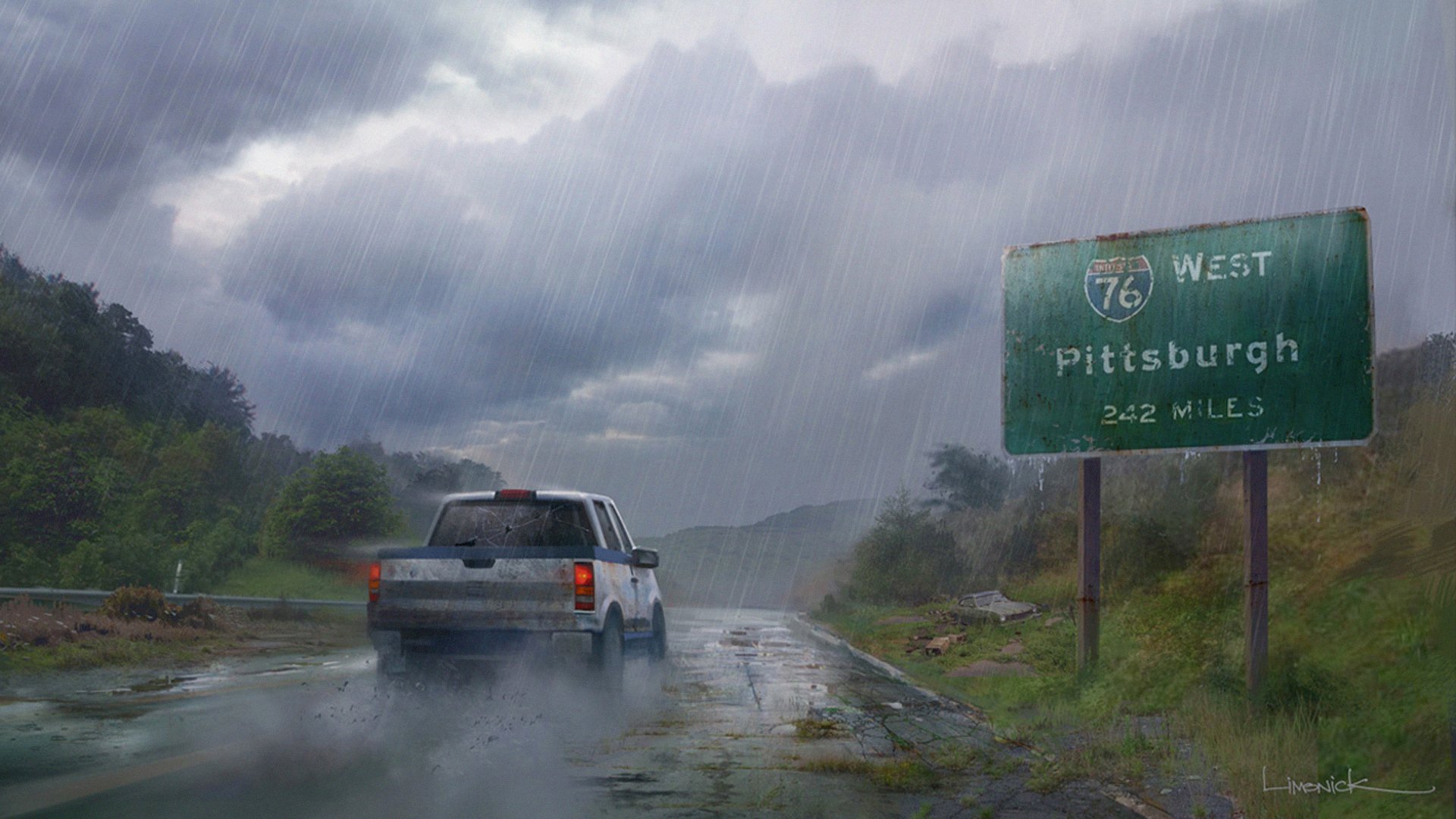 le dernier de nous voiture pluie route art