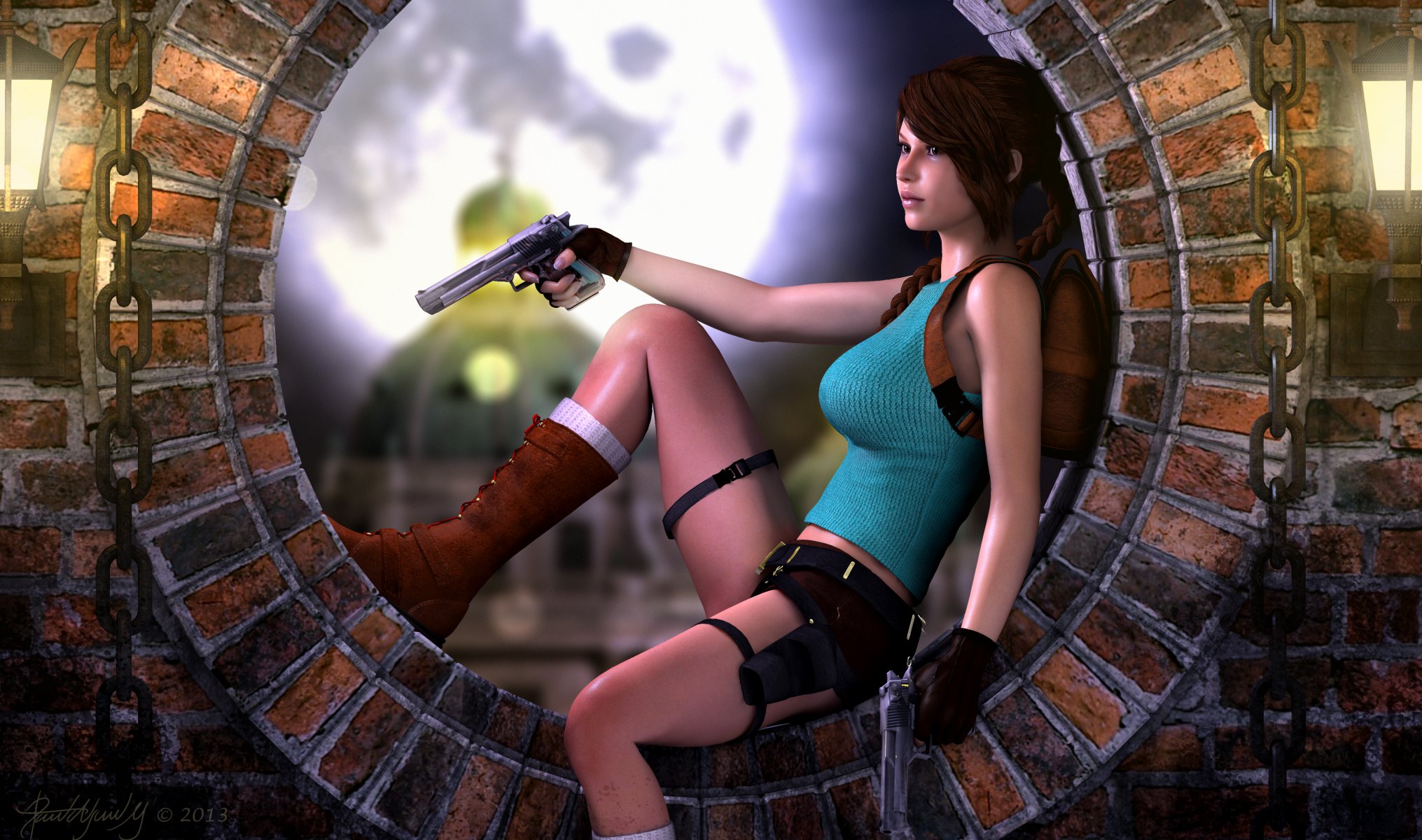 lara croft tomb raider chica sentado armas pistolas cara camiseta cadenas