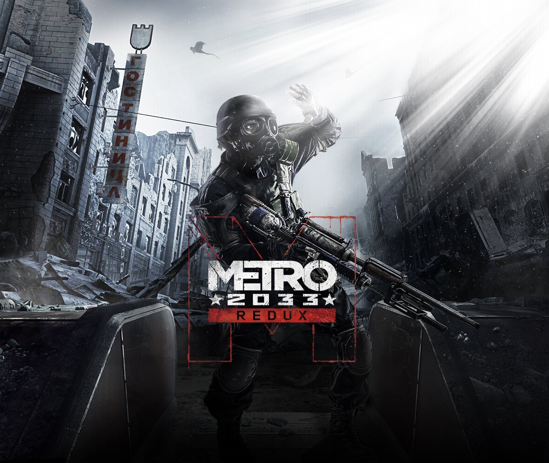 metro 2033 redux metro : redux 4a games deep silver soldat helm waffe gasmaske ranger moskau himmel wolken lichtstrahlen ausrüstung gebäude apokalypse strahlung nebel filter blick überlebender ruinen u-bahn schild logo titel inschrift