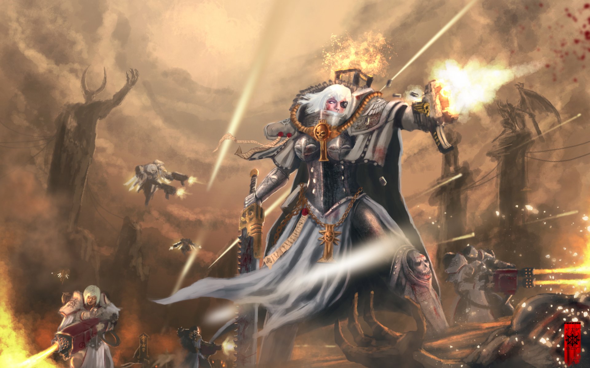 arte warhammer 40k batalla hermana chicas armadura batalla armas