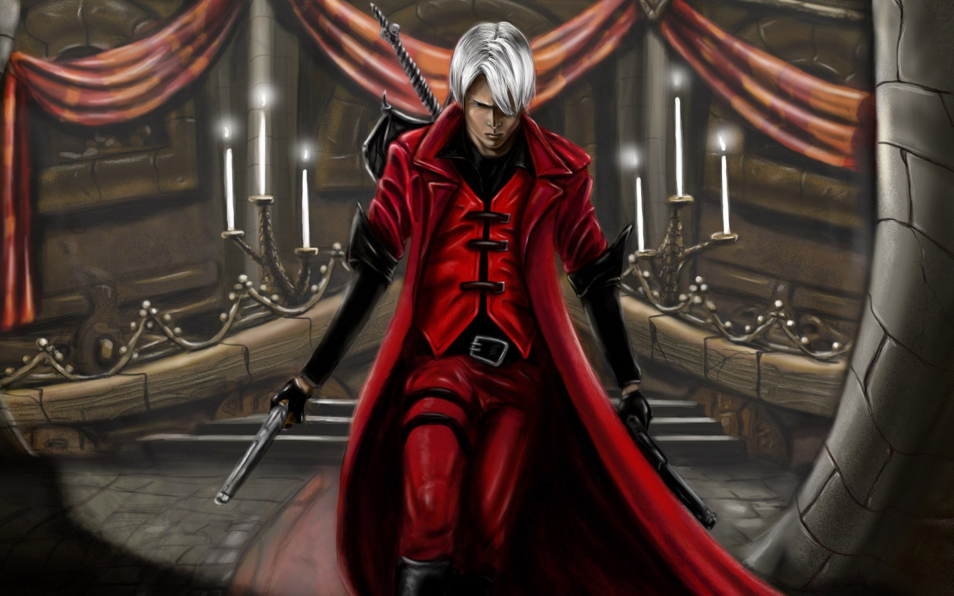 devil may cry 1 dmc sfondi di gioco dante kzeor fanart demon hunter semi-demone spada ribellione ebony & cat mezzo demone cacciatore rebellion pistole bianco e nero mantello rosso sala candele