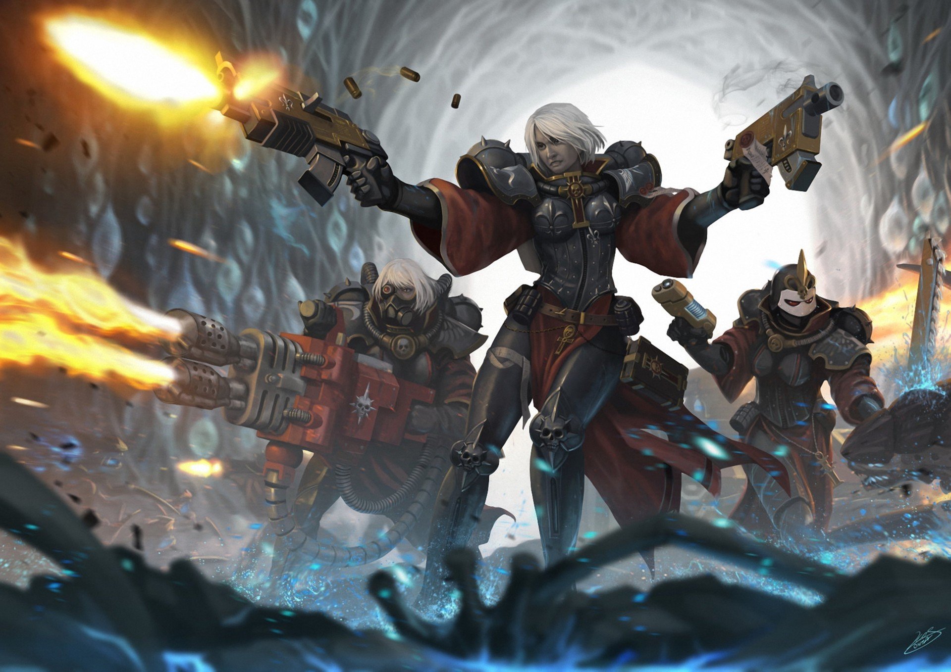 art warhammer 40k siostra bitwy dziewczyny zbroja bitwa broń strzały jaskinia