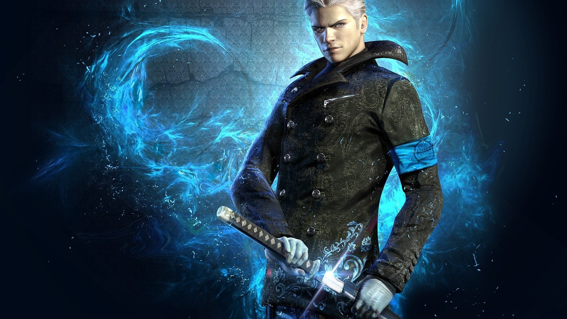 devil may cry dmc вергилий dmc 5 devil may cry 5 меч человек синий катана голубые глаза серые волосы обои игра