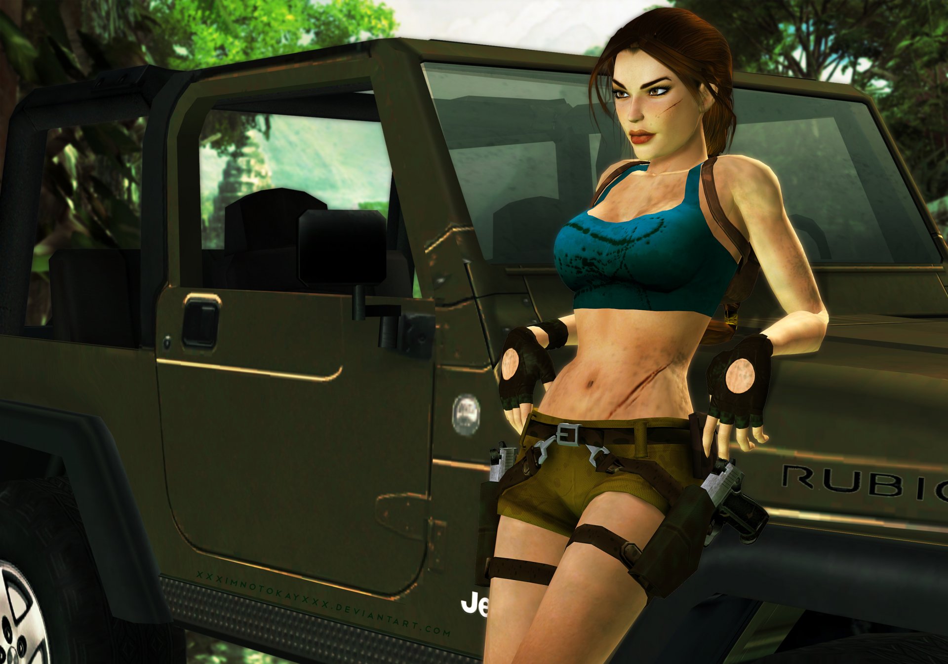 tomb raider lara croft coche árboles chica pose armas pistolas