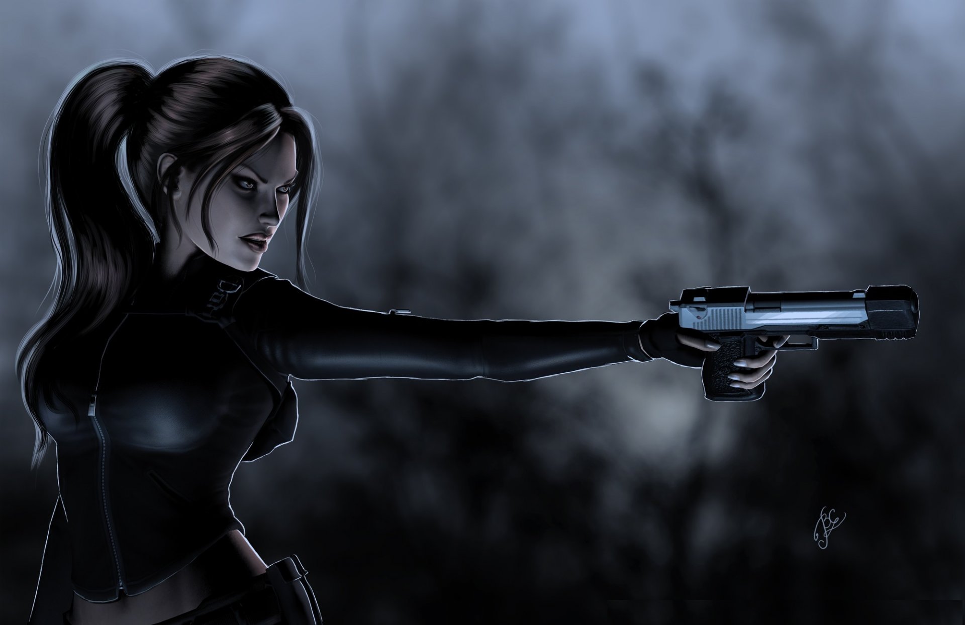 tomb raider lara croft art art. twarz spojrzenie włosy kucyk ręka broń pistolet