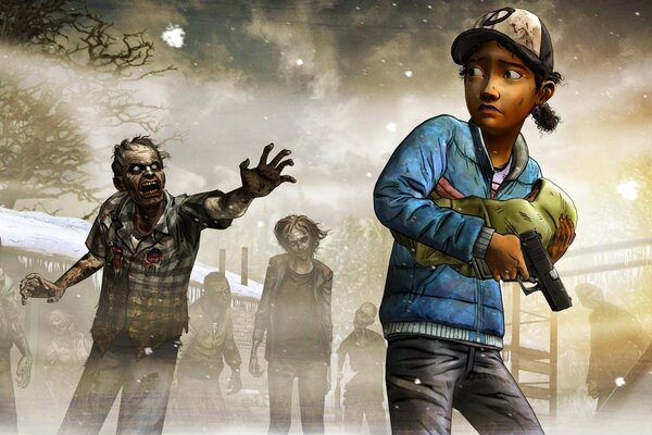 A boy runs away from a zombie with a gun in his hands