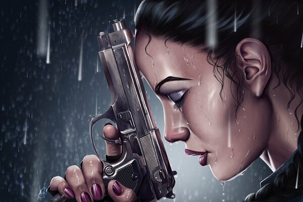 Lara Croft in the rain with a gun in her hands