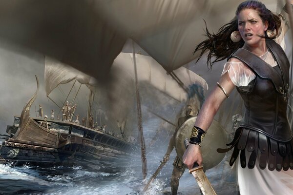 A warrior girl with a sword in her hands on a ship