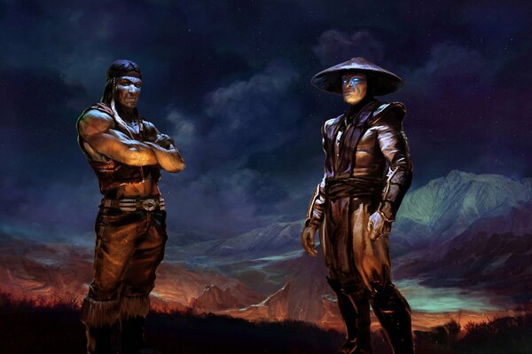 Raiden und der Nachtwolf aus dem Spiel Mortal Kombat im Hintergrund des Sonnenuntergangs