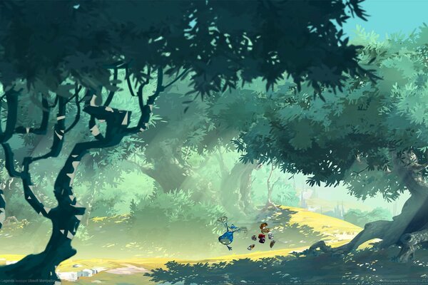 Wallpaper of the game rayman legends. a road in the forest. trees