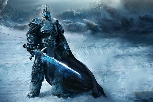 The king of warcraft with a sword in his hand. On the background of a snowstorm