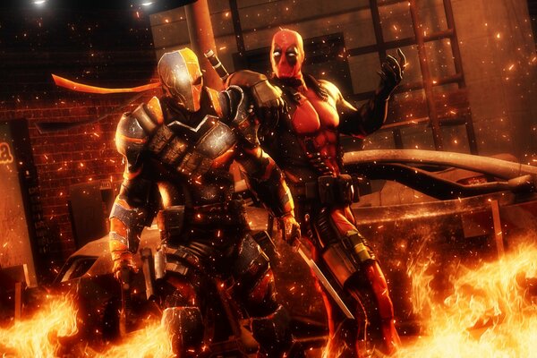 Screensaver Anti-hero Deadpool on fire against the enemy