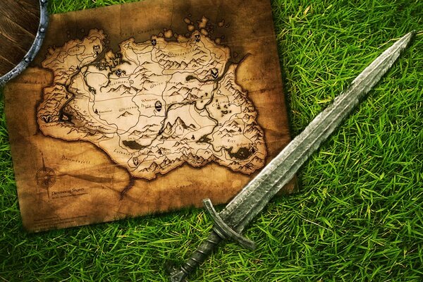 The sword and the map from the game Skyrim