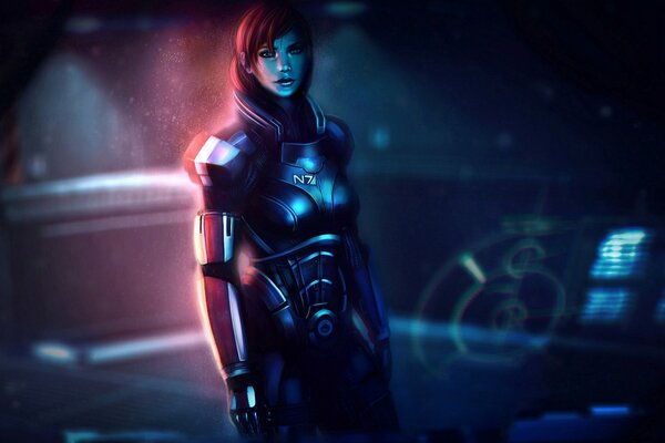 Imagen de una chica de mass effect dentro de una nave espacial