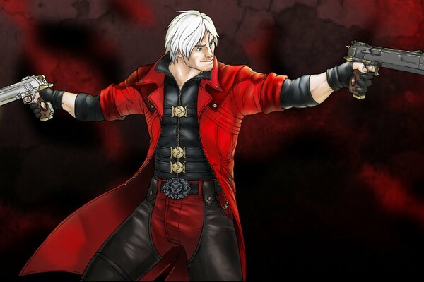 Devil may cry. dmc. capcom. Dante z białymi włosami strzelający z pistoletów