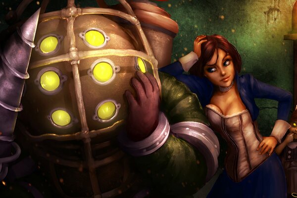 Illustration on the theme of the game bioshock with a girl